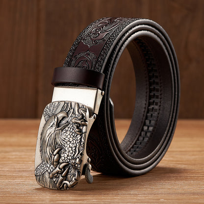 Silver - Coffee / 100 cm Men's Automatic Leather Belt with Eagle Alloy Buckle - skyjackerz