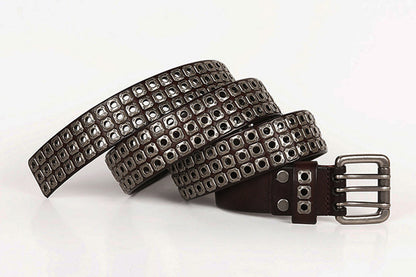 Black / 100 cm Cross Rivet Cowboy Leather Belt for Men - skyjackerz