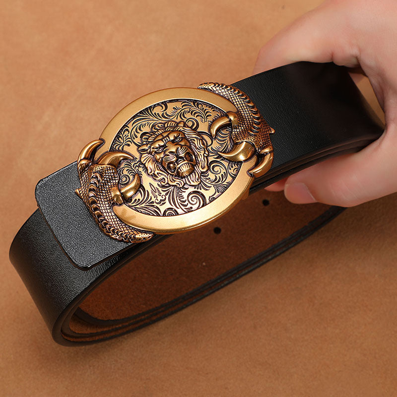 Gold - Black / 110 cm Exotic Lion Totem Alloy Leather Belt For Men - skyjackerz