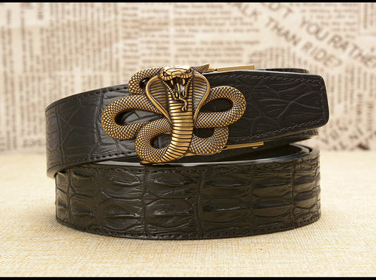 Gold - Black / 105 cm Designer Automatic Leather Belt for Men - Cobra Buckle - skyjackerz