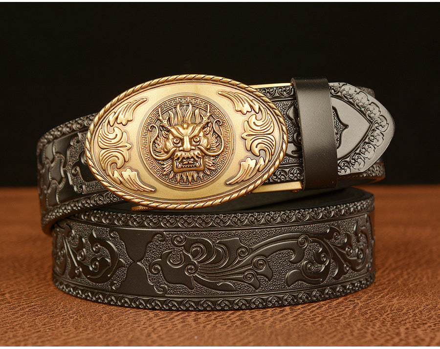 Gold - Black / 110 cm Chinese Dragon Totem Alloy Leather Belt For Men - skyjackerz