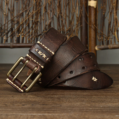 Brown / 105 cm Men's Exquisite Brass Buckle Leather Belt - skyjackerz