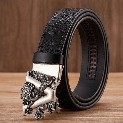 Golden V Black / 100 cm Men's Automatic Leather Belt with Dragon Alloy Buckle - skyjackerz