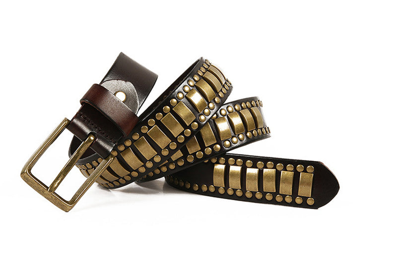 Coffee / 105 cm Rivet Studded Cowskin Leather Belt For Men - skyjackerz