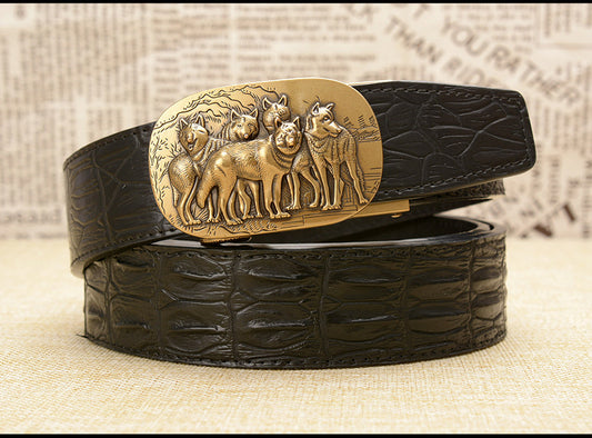 Gold - Black / 105 cm Luxury Automatic Leather Belt for Men - Wolf Pack Design - skyjackerz