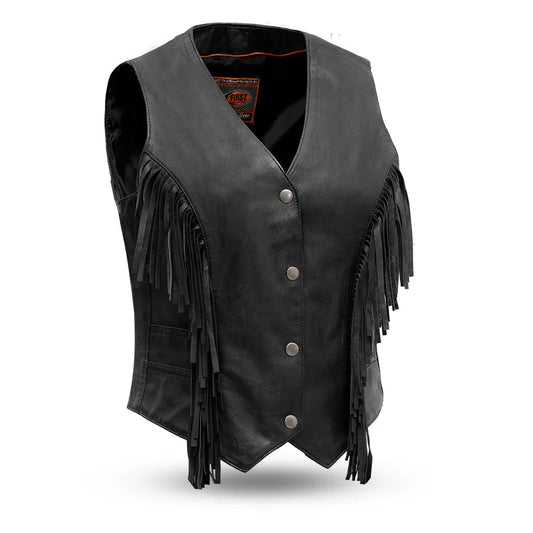 Black / X Small Apache Women's Motorcycle Fringe Leather Vest - skyjackerz