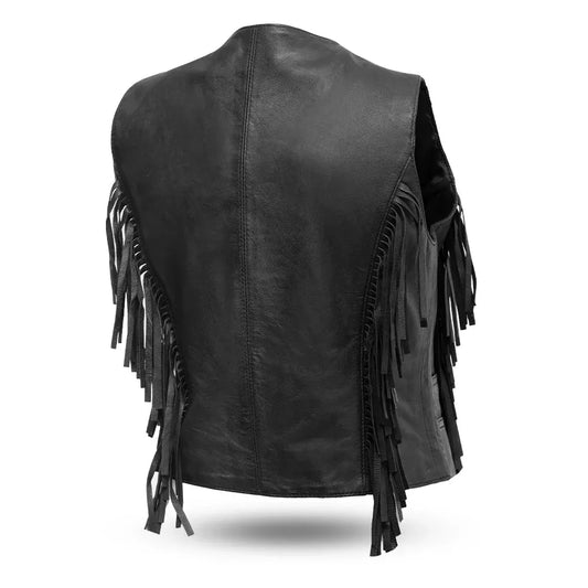 Black / X Small Apache Women's Motorcycle Fringe Leather Vest - skyjackerz