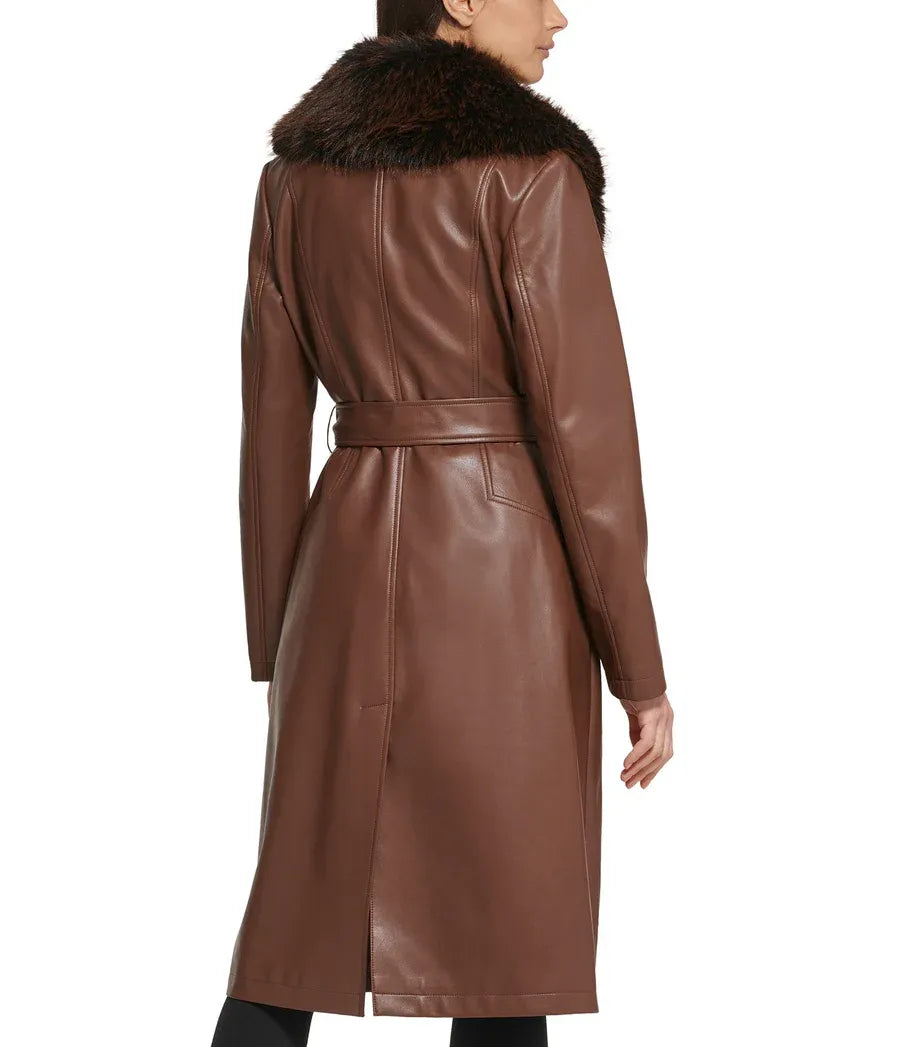 Small Belted Leather Trench Coat with Faux Fur Collar - skyjackerz