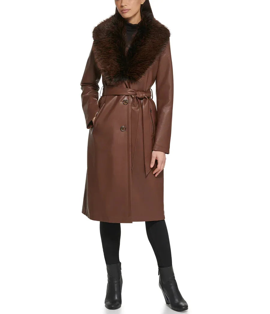 Small Belted Leather Trench Coat with Faux Fur Collar - skyjackerz