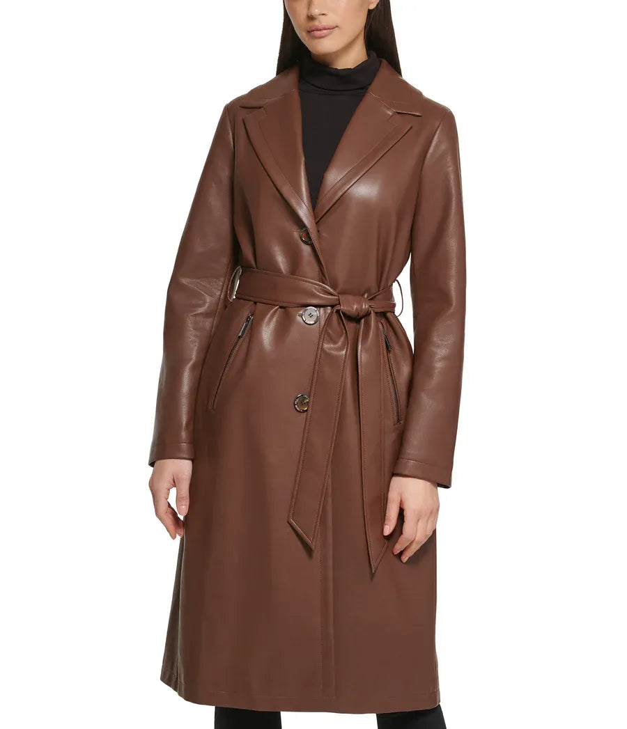 Small Belted Leather Trench Coat with Faux Fur Collar - skyjackerz