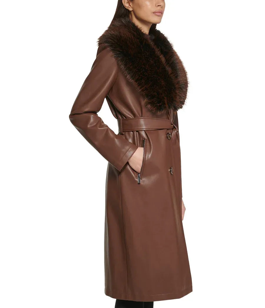 Small Belted Leather Trench Coat with Faux Fur Collar - skyjackerz