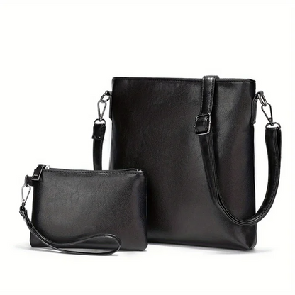Black Women's Leather Shoulder Bag Set - Two-Piece Handbag - skyjackerz
