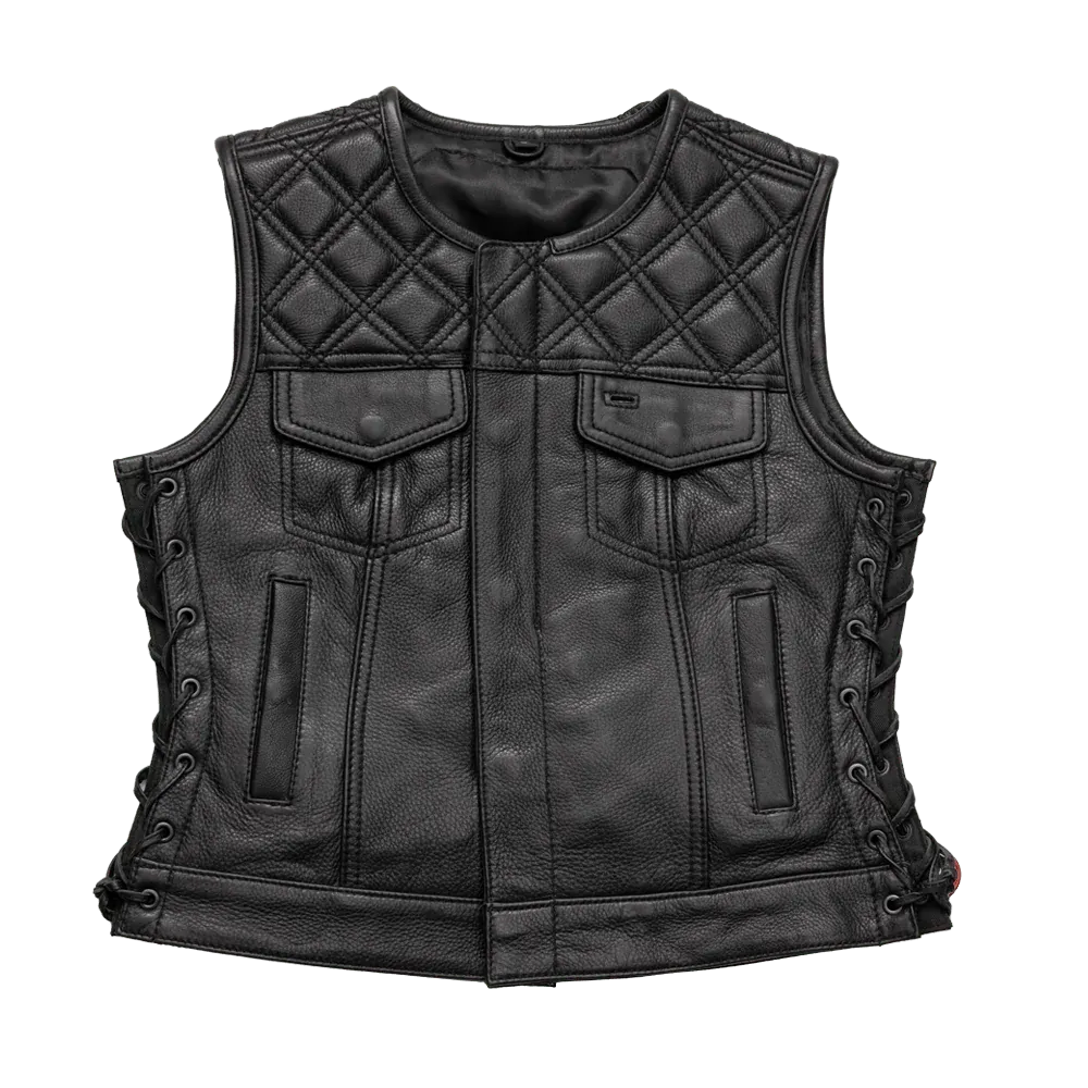 Black / X Small Bonnie Women's Club Style Motorcycle Leather Vest - skyjackerz