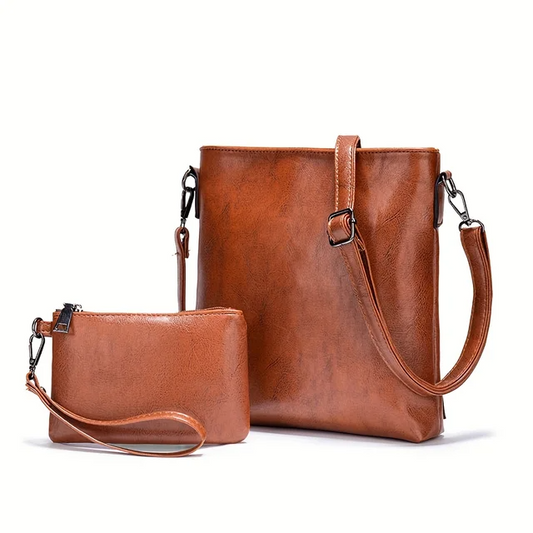 Brown Women's Leather Shoulder Bag Set - Two-Piece Handbag - skyjackerz