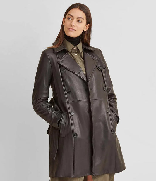 Small Double-Breasted Belted Leather Trench Coat - skyjackerz