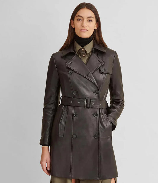 Small Double-Breasted Belted Leather Trench Coat - skyjackerz