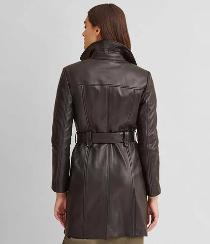 Small Double-Breasted Belted Leather Trench Coat - skyjackerz