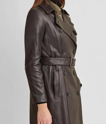 Small Double-Breasted Belted Leather Trench Coat - skyjackerz