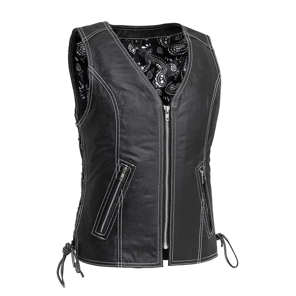 Black - White / X Small Cindy - Women's Motorcycle Leather Vest - skyjackerz