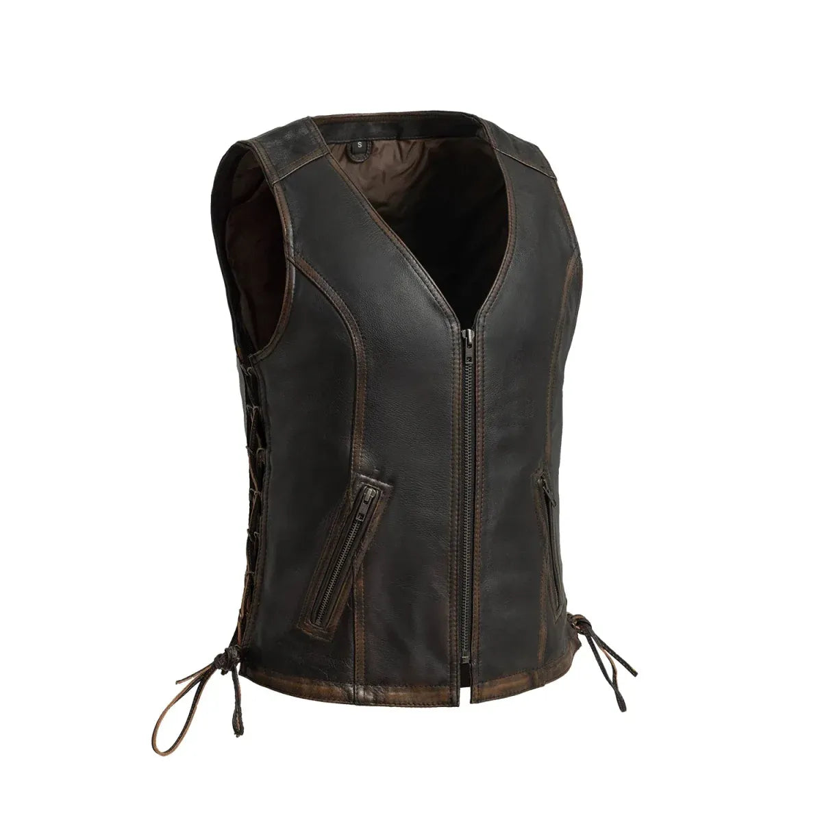 Black - Beige / X Small Cindy - Women's Motorcycle Leather Vest - skyjackerz