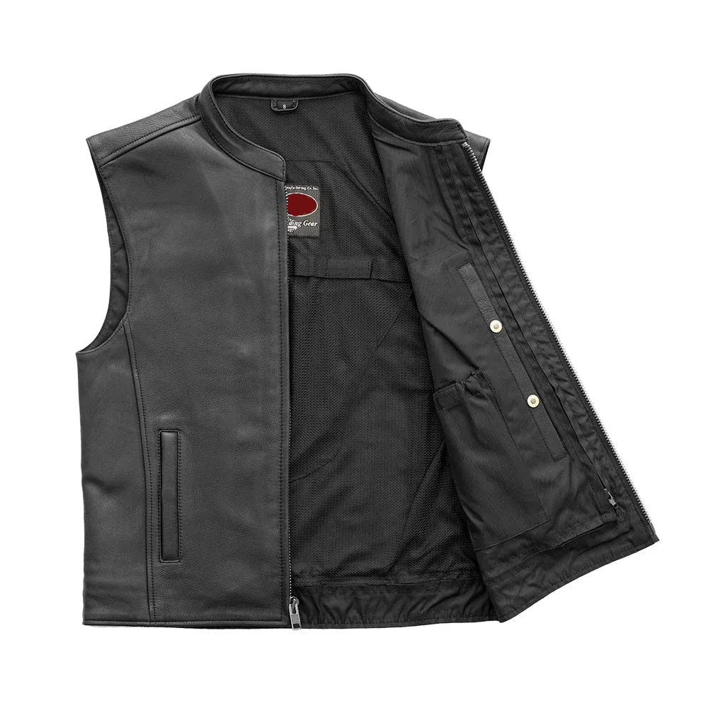 Black / Small Club House - Men's Motorcycle Leather Vest - skyjackerz