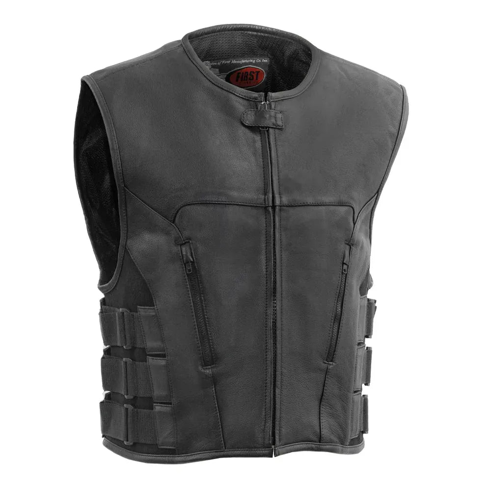 Black / Small Commando - Men's Motorcycle Swat Style Leather Vest - skyjackerz