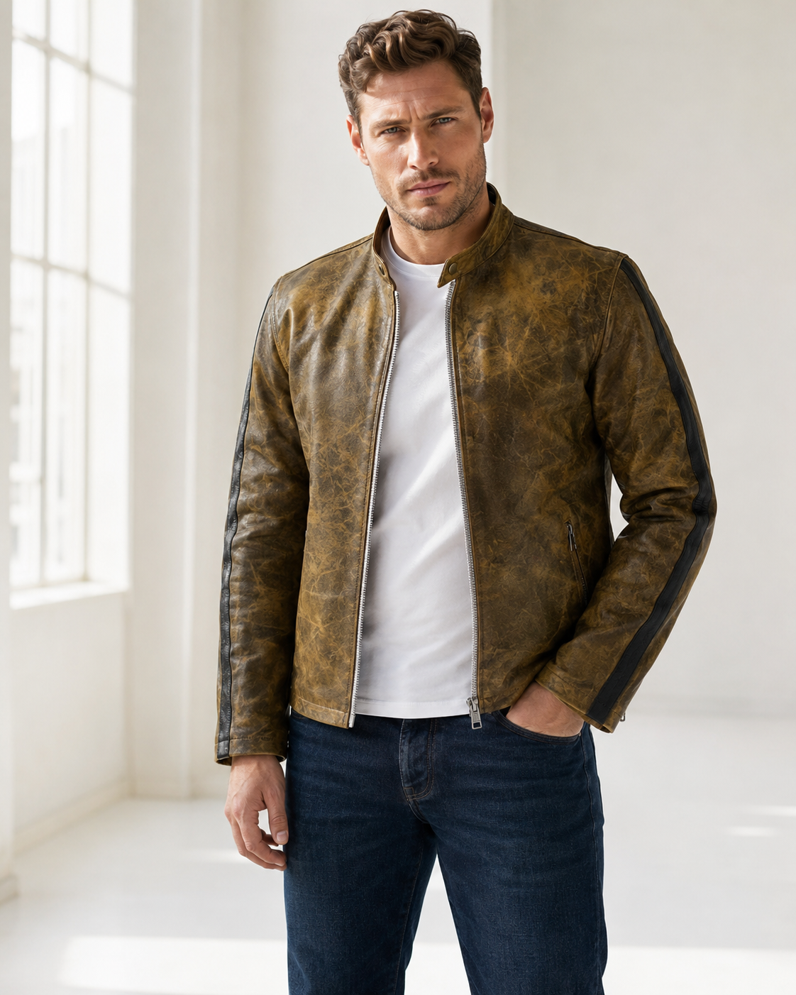 Crocodile Green Leather Jacket For Men