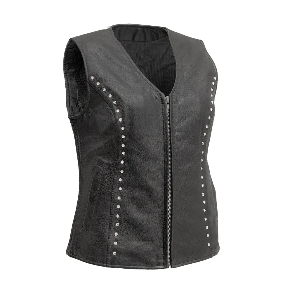 Black / X Small Diana - Women's Motorcycle Leather Vest - skyjackerz