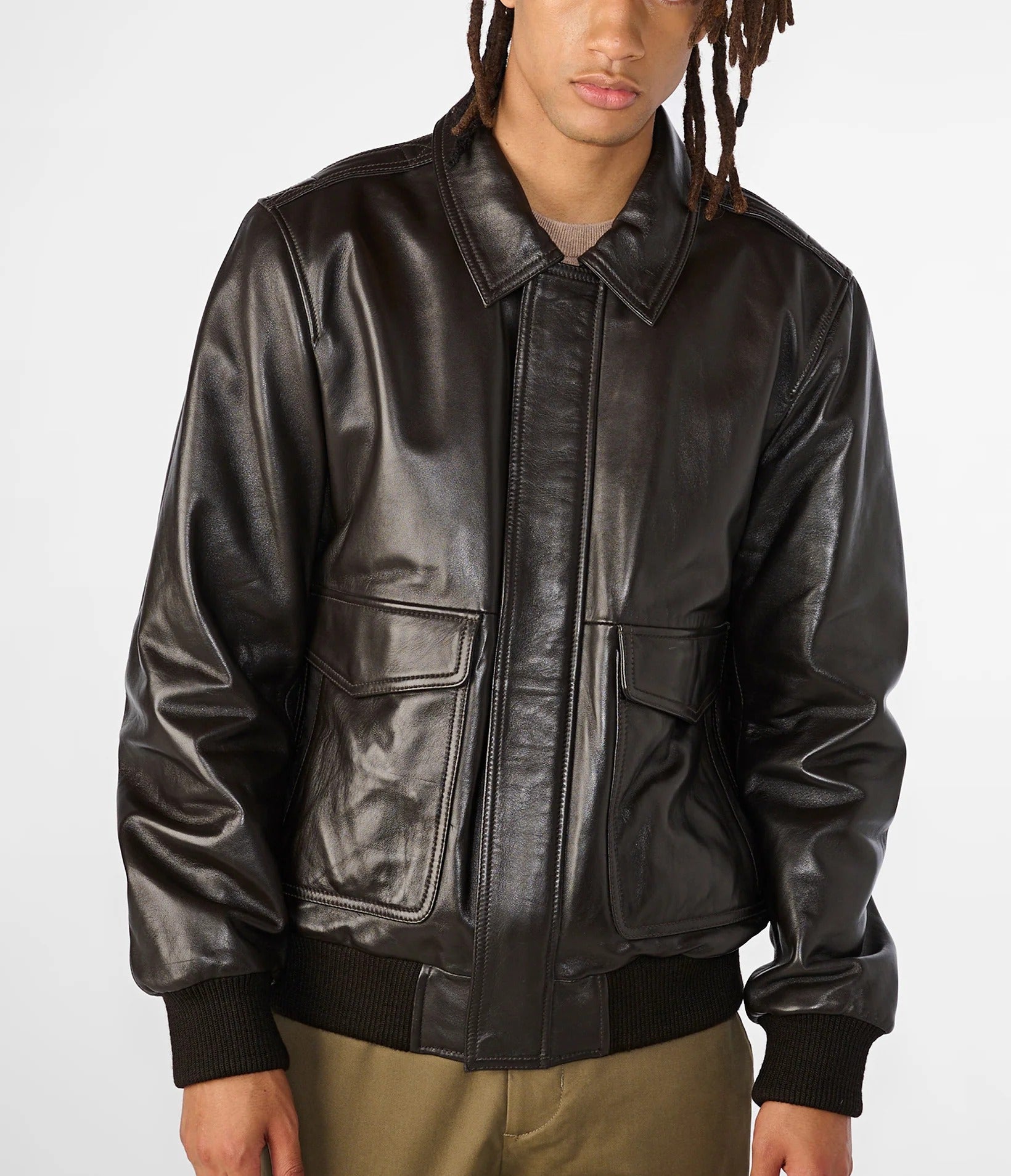 Medium Men's Modern Plain Leather Bomber Jacket - skyjackerz