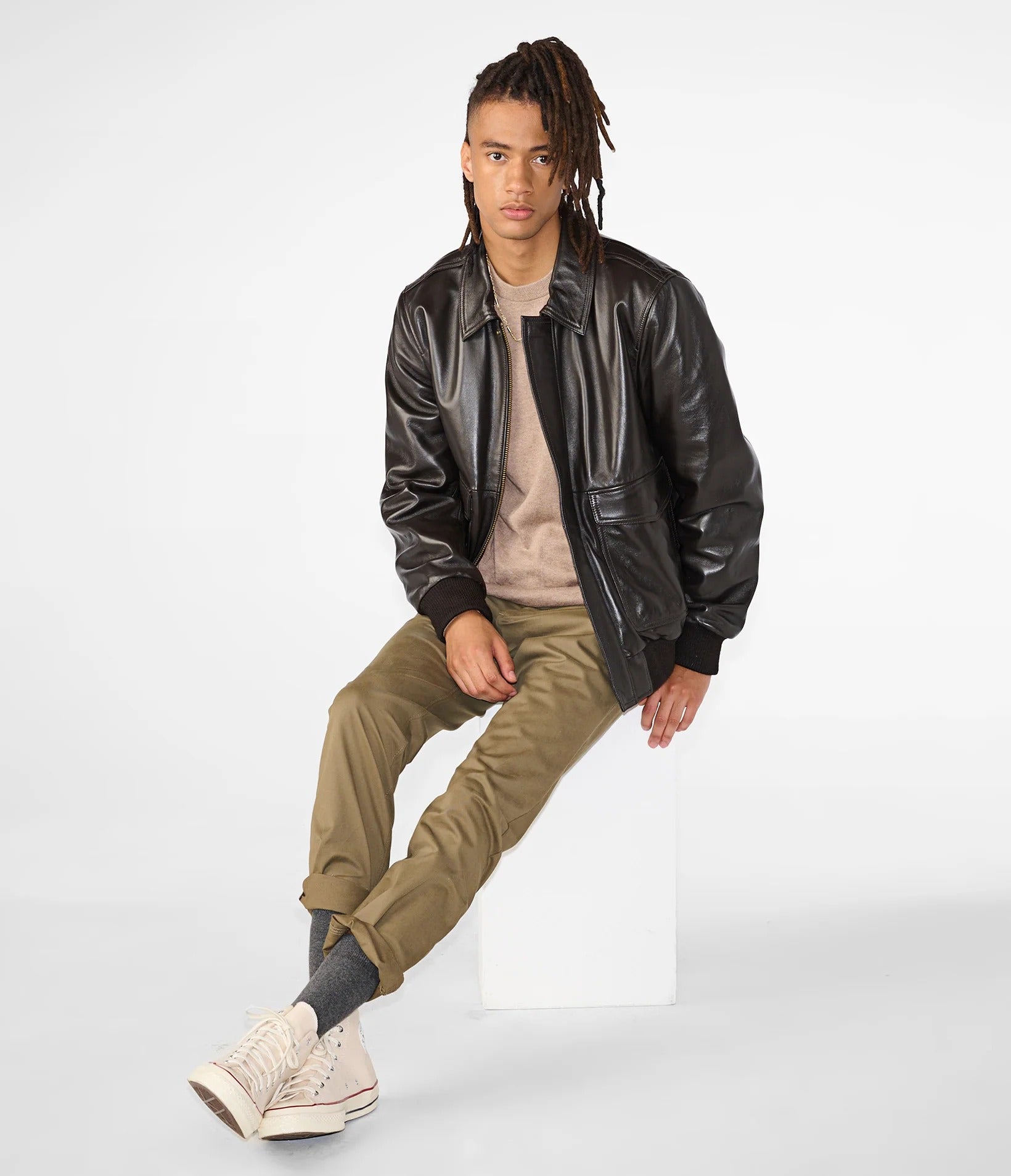 Medium Men's Modern Plain Leather Bomber Jacket - skyjackerz