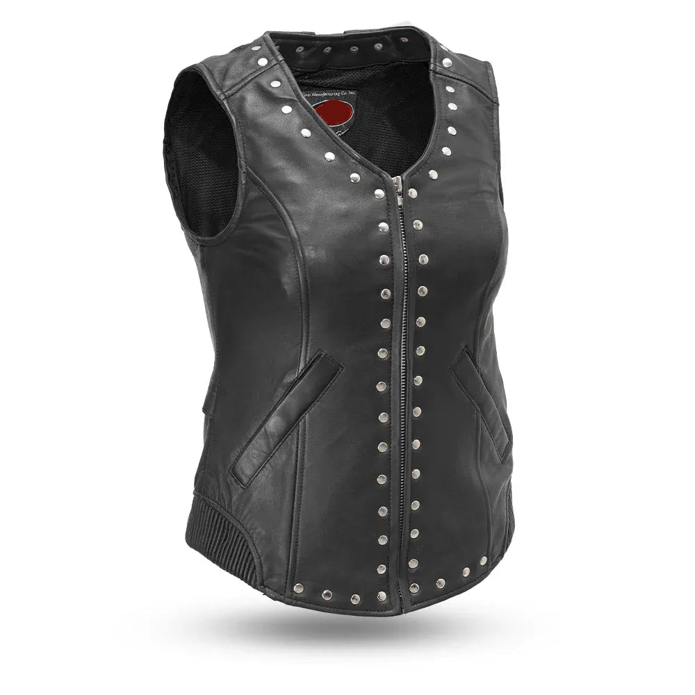 Black / X Small Empress Women's Motorcycle Leather Vest - skyjackerz