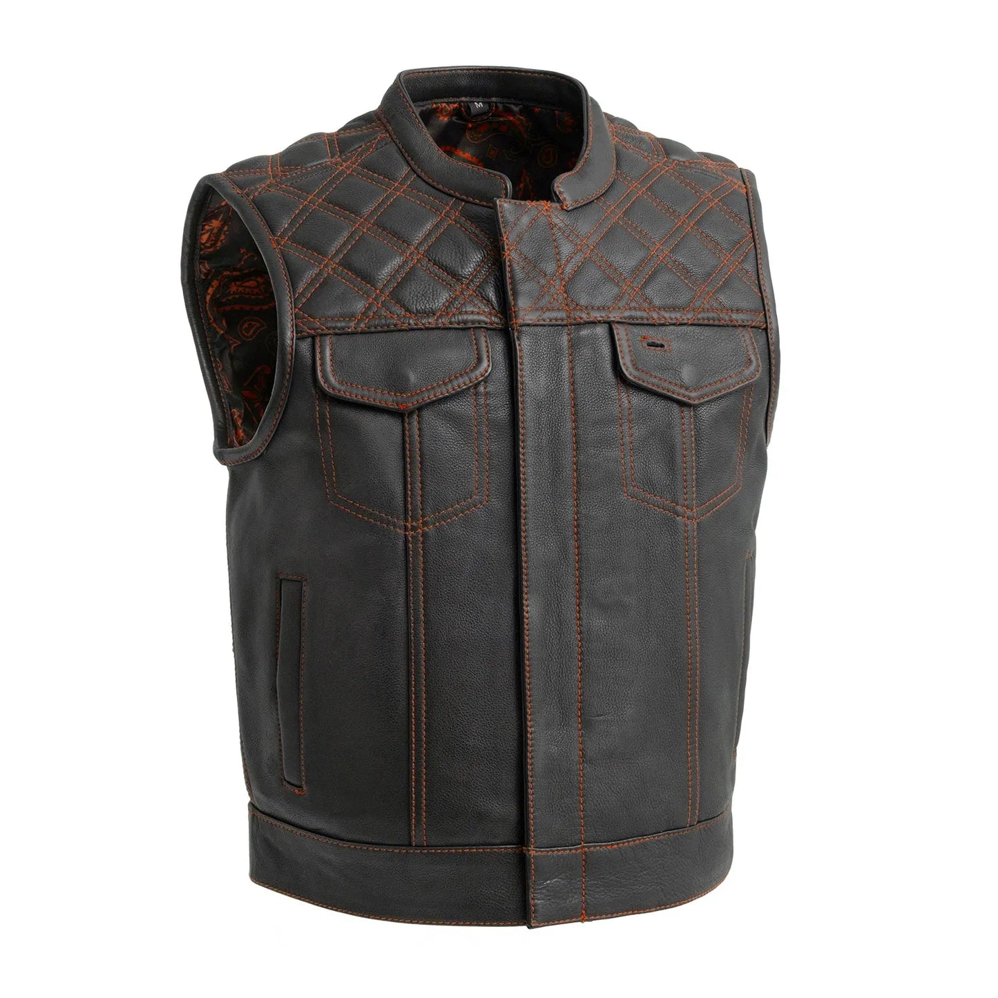 Black - Orange / Small Upside Men's Club Style Leather Vest - skyjackerz