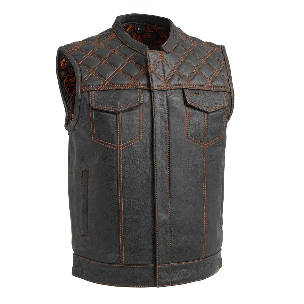 Black - Orange / Small Downside Men's Club Style Leather Vest - skyjackerz