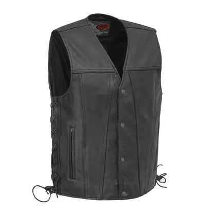 Black / Small Gambler Men's Motorcycle Leather Vest - skyjackerz