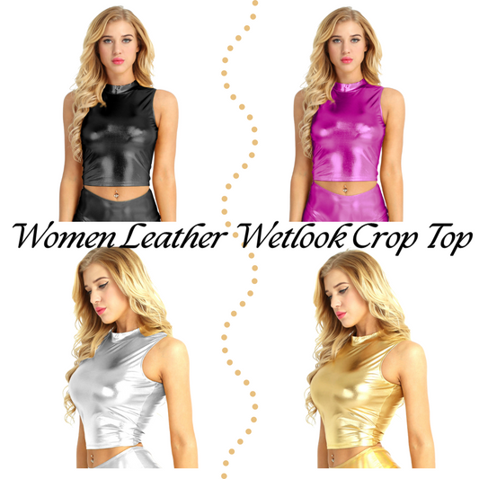 Women Leather Wetlook Crop Top