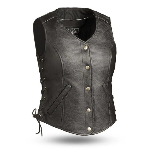 Black / X Small Honey Badger - Women's Motorcycle Leather Vest - skyjackerz