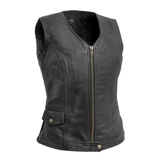 Black / X Small Lolita Women's Motorcycle Leather Vest - skyjackerz