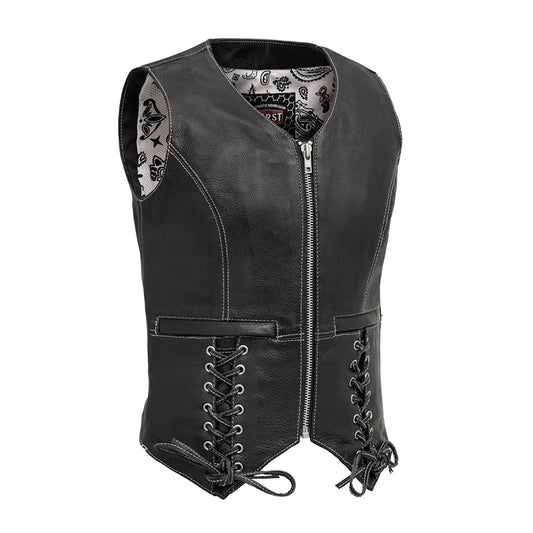 Black - White / X Small Love Lace Women's Motorcycle Leather Vest - skyjackerz