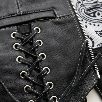 Black - White / X Small Love Lace Women's Motorcycle Leather Vest - skyjackerz