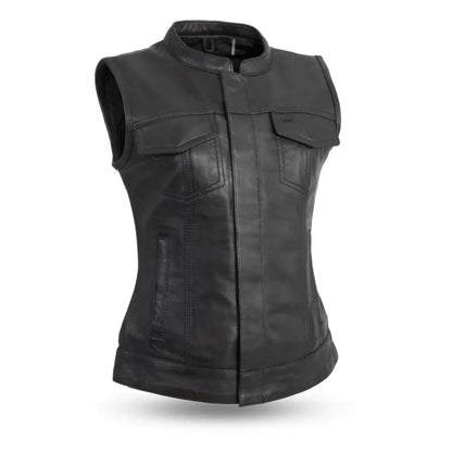 Black / X Small Ludlow - Women's Motorcycle Leather Vest - skyjackerz