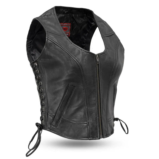 Black / X Small Raven - Women's Motorcycle Leather Vest - skyjackerz