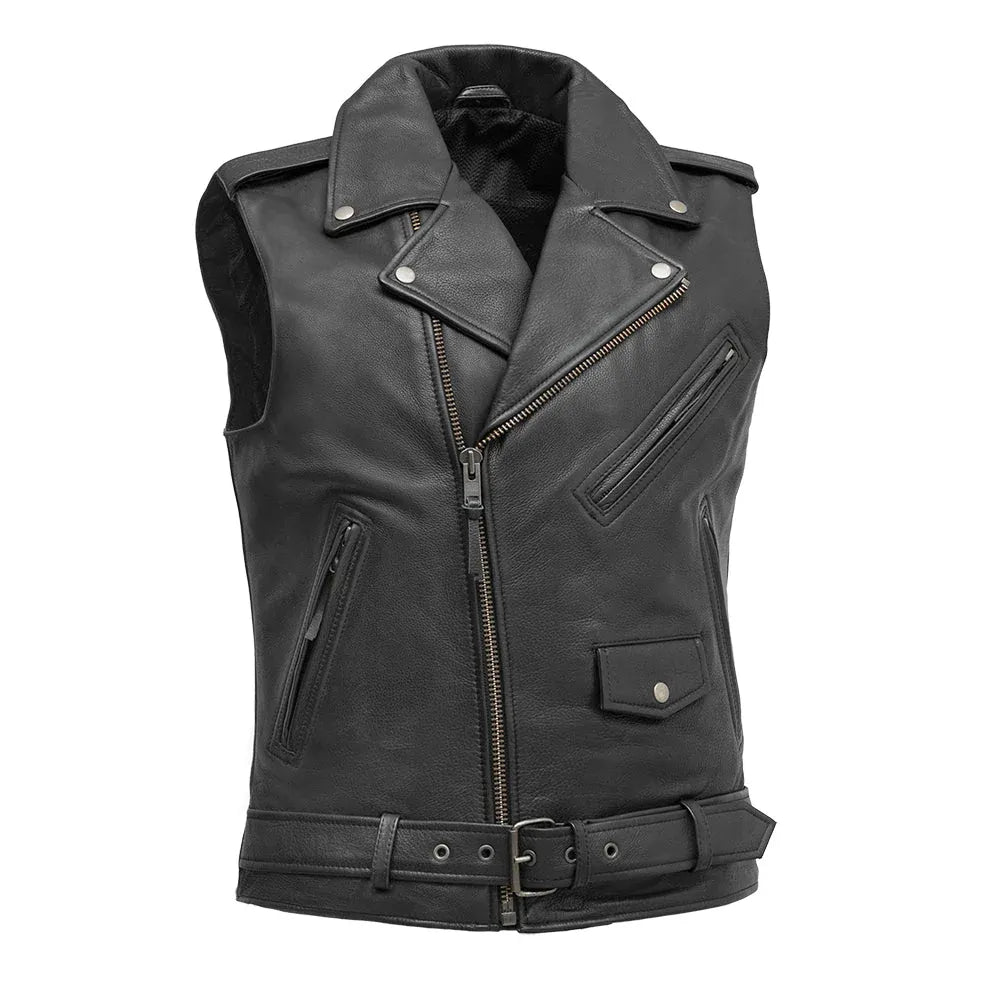 Black / Small Rocking Men's Motorcycle Leather Vest - skyjackerz