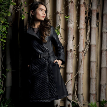 Small Women's Quilted Black Leather Trench Coat - skyjackerz