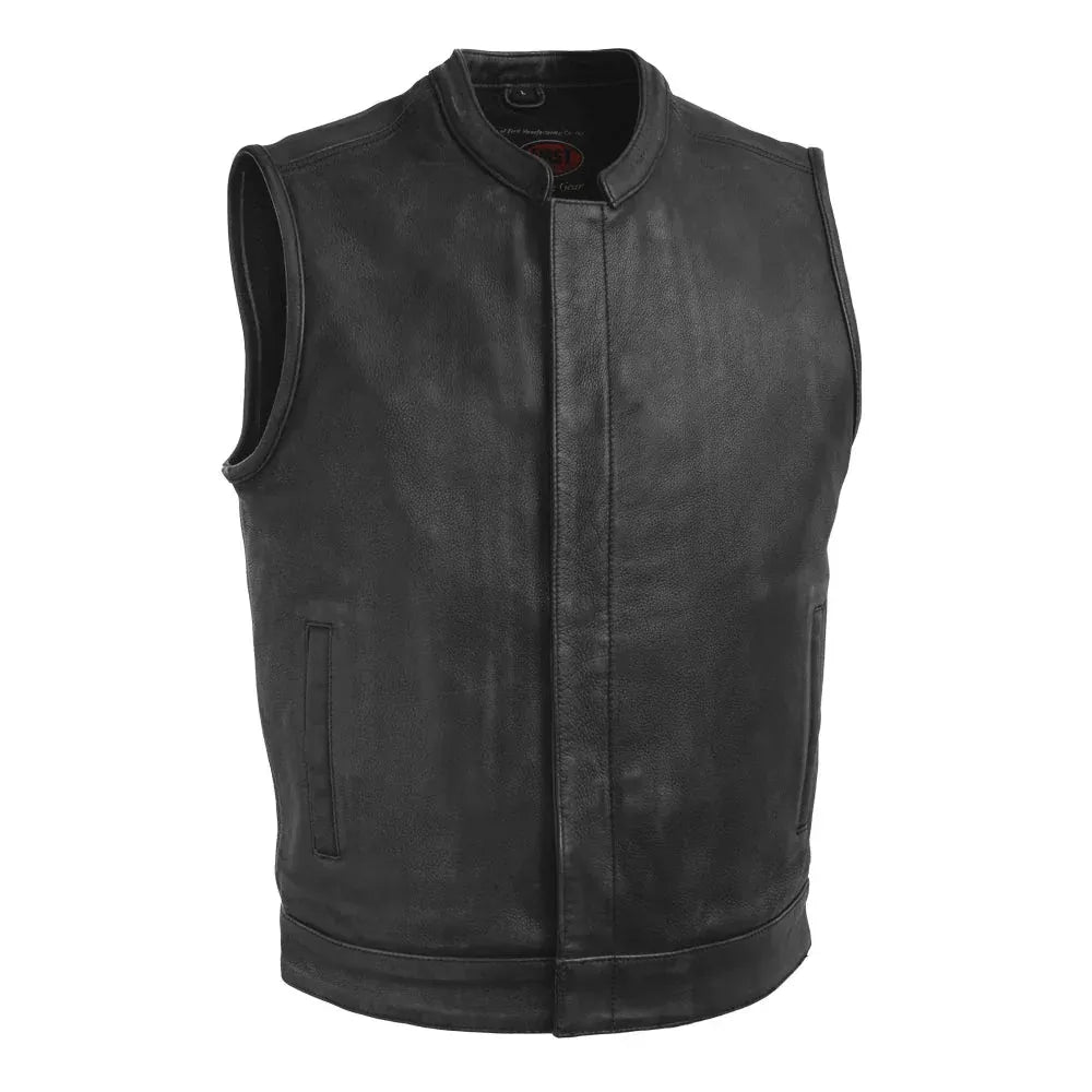 Black / Small Top Rocker - Men's Motorcycle Leather Vest - skyjackerz