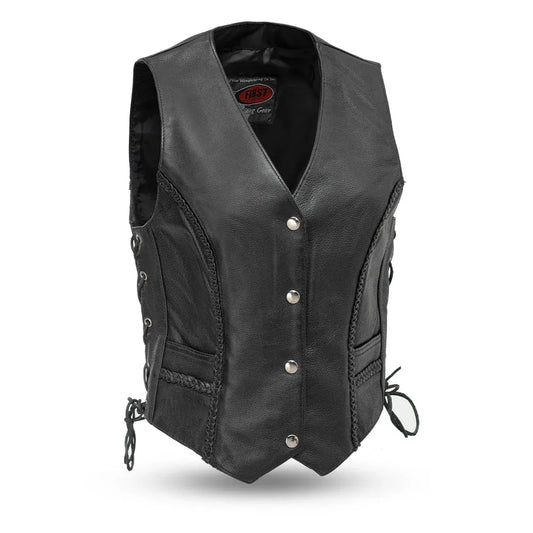 Black / X Small Trinity - Women's Motorcycle Western Style Leather Vest - skyjackerz