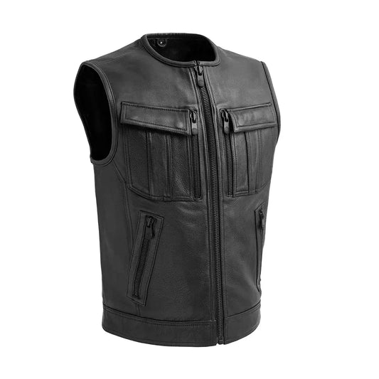 Black / Small Unbeatable Men's Motorcycle Leather Vest - skyjackerz