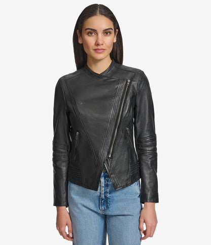 X Small Women's Asymmetric Leather Moto Jacket - skyjackerz