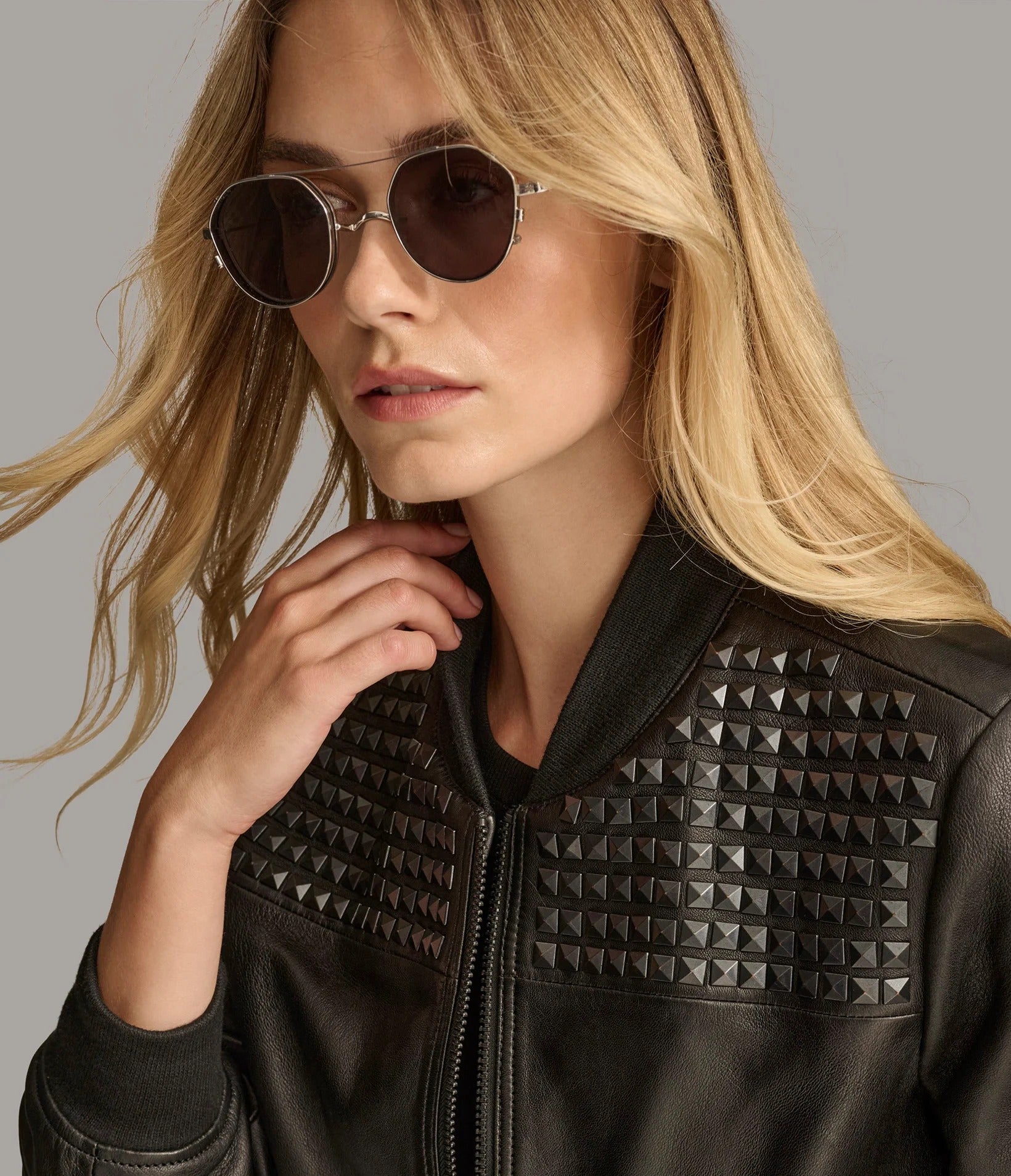 X Small Edgy Women's Studded Bomber Leather Jacket - skyjackerz