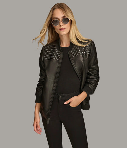 X Small Edgy Women's Studded Bomber Leather Jacket - skyjackerz