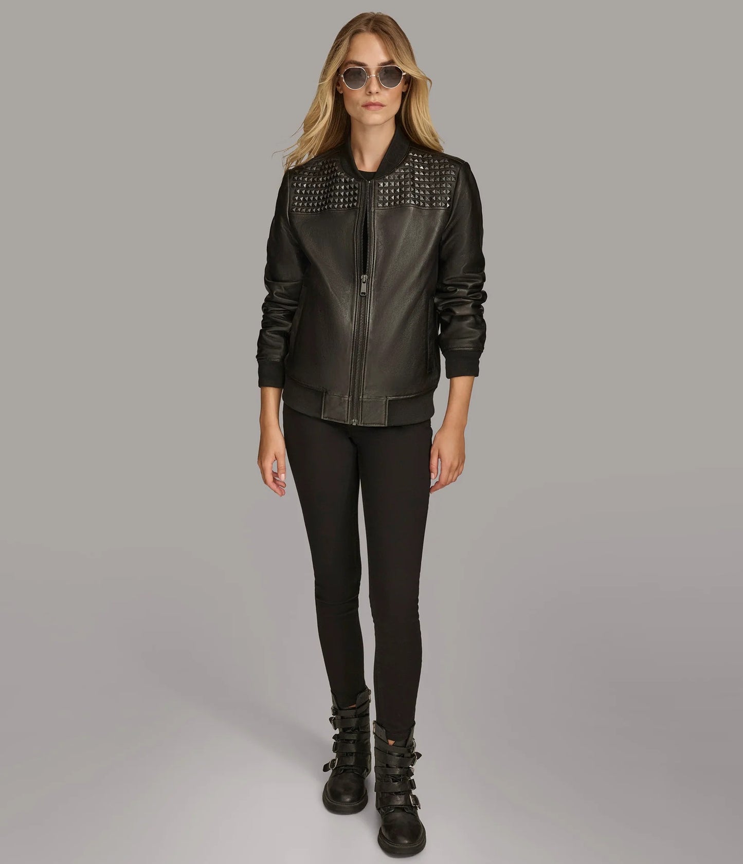 X Small Edgy Women's Studded Bomber Leather Jacket - skyjackerz